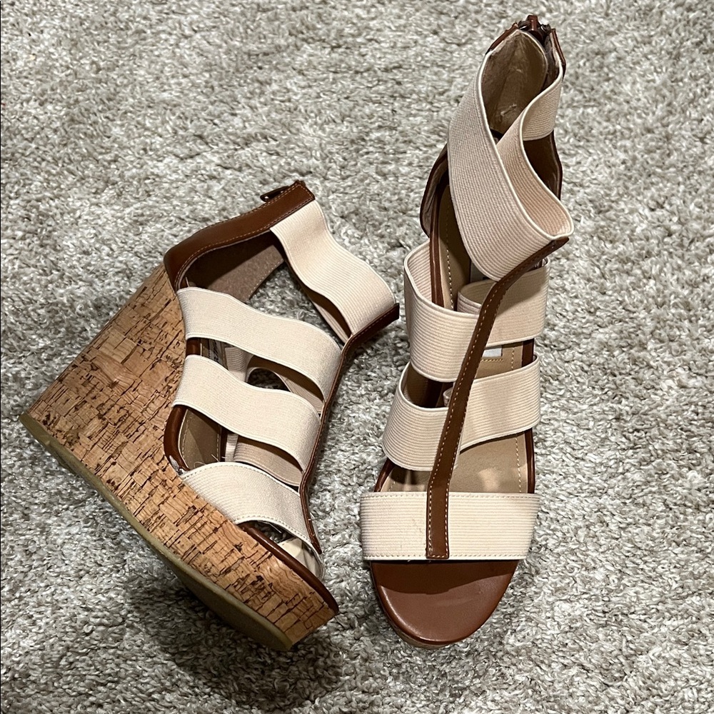 Steve Madden Cream and Brown Wedge Sandals